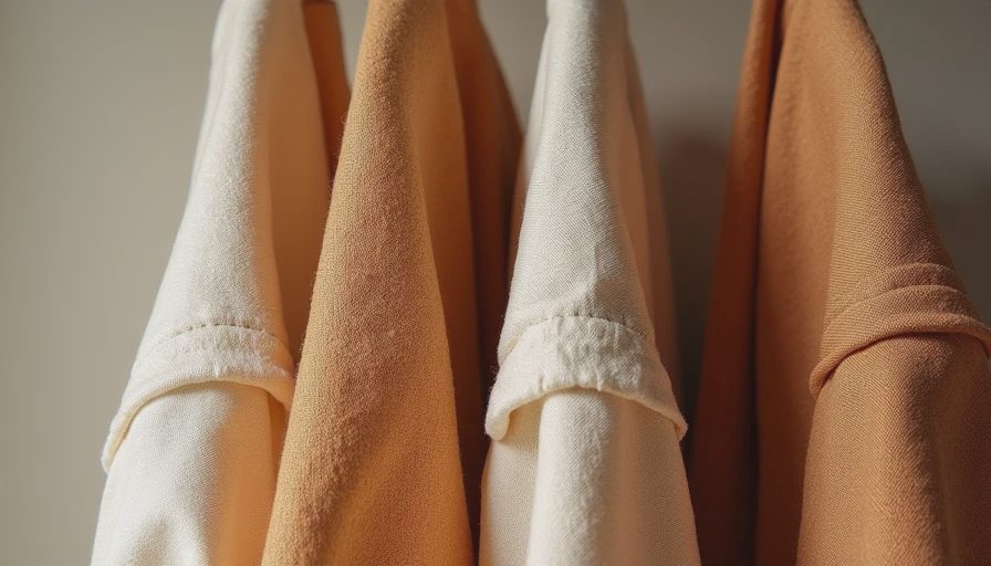 Fabric swatches showing warm earth tone palette.