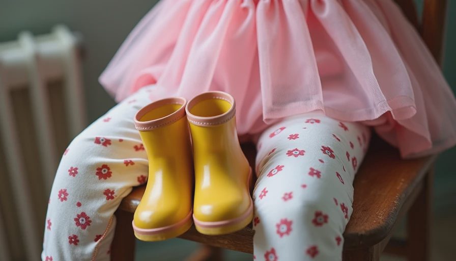 Mixed playful children's outfit with tutu, boots and t-shirt on wooden chair