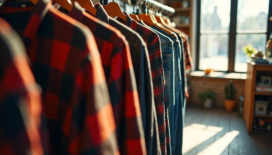 Hanging vintage Pendleton shirt and jeans on a rack in a sunny Starland shop interior.