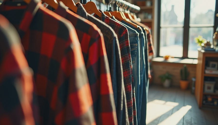 Hanging vintage Pendleton shirt and jeans on a rack in a sunny Starland shop interior.
