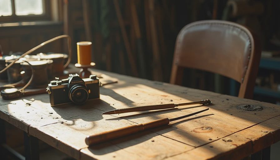 A garage workbench with vintage garment restoration tools, a Pentax MX film camera, and a half-finished mid-century armchair restoration project, bathed in warm morning light, wood and metal textures prominent, no people visible.