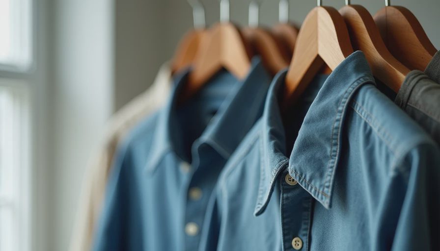 Vintage chambray shirt hanging on wooden hanger showing fabric details