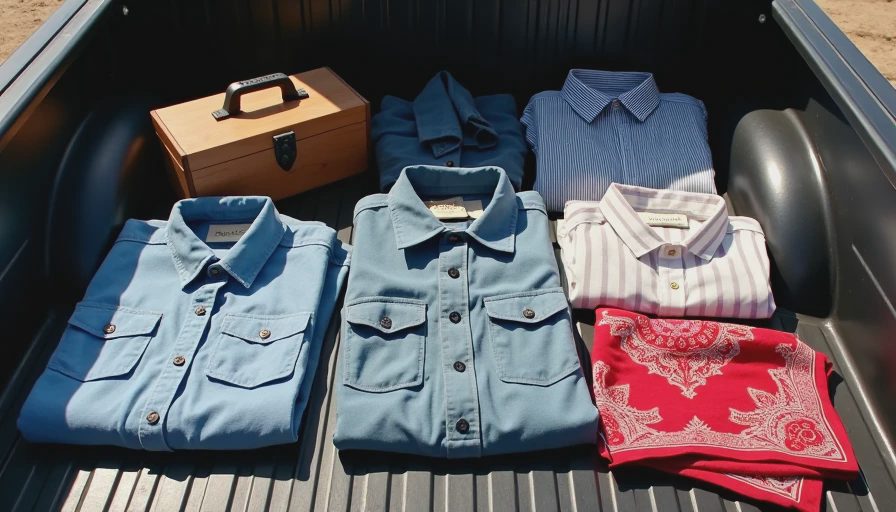 Flea market haul flat lay with vintage shirts and tools.