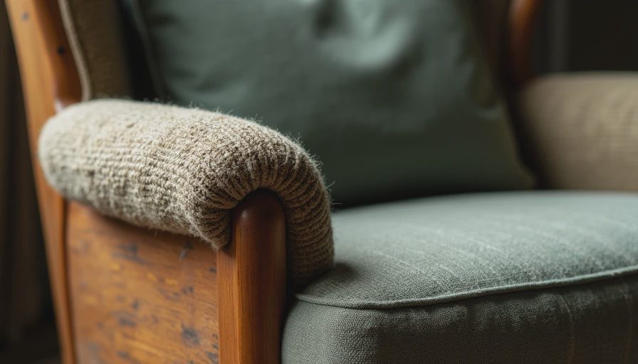 Detail of restored vintage armchair with worn fabric texture.