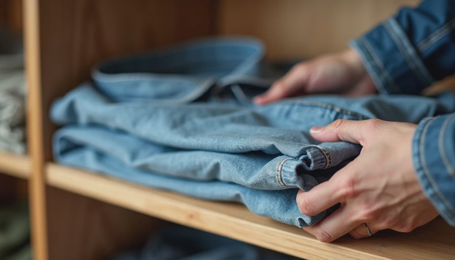 Hands placing folded vintage shirt back on thrift store shelf