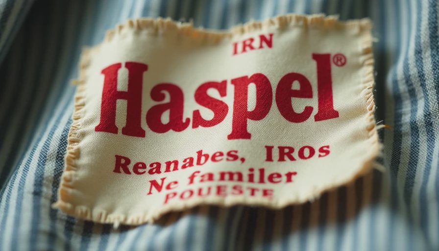 Close-up of vintage Haspel clothing tag on seersucker fabric