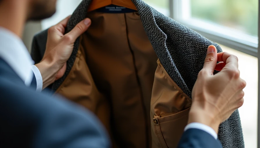 Close inspection of vintage tweed jacket shoulder seam and lining construction.
