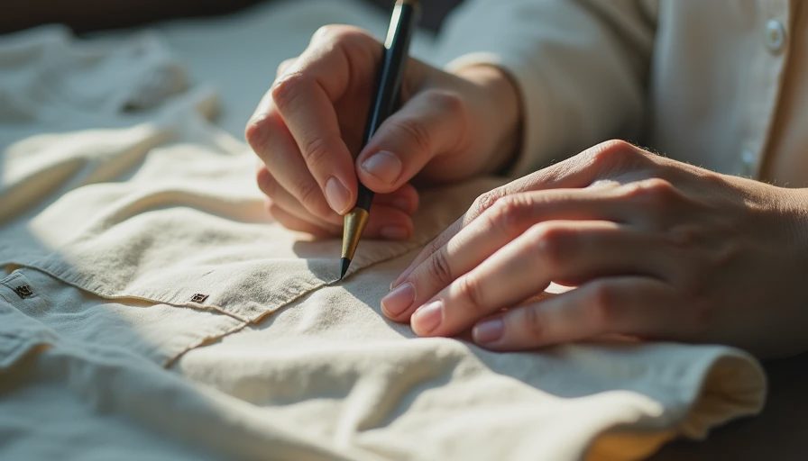 Measuring shoulder seam on vintage garment with notepad and tape.